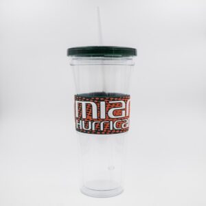 Miami Hurricanes 24oz PVC Wrap Sip N Go with a straw, featuring the Miami Hurricanes logo encircling the center on a white background.