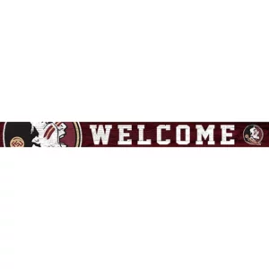 A long, narrow welcome mat featuring the florida state university logo and the word "welcome" in large, bold letters, flanked by spear motifs.