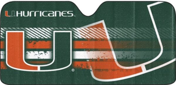 A Miami Hurricanes Auto Shade featuring the miami hurricanes logo, styled in green, orange, and white with a distressed texture.