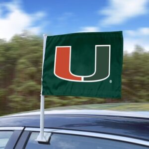 A University of Miami Hurricanes Car Flag mounted on a vehicle’s window, fluttering against a blurred natural backdrop during motion.