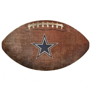 A worn american football with a prominent star logo on it, isolated on a white background.