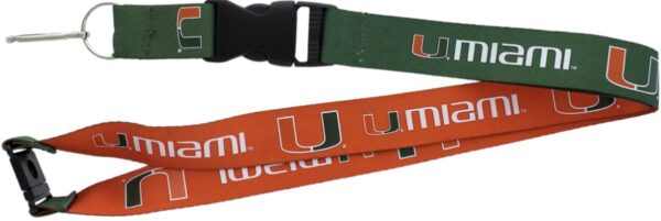 A green and orange Miami Hurricanes Lanyard Reversible with a clip and buckle, featuring repeated "u.miami" logos.