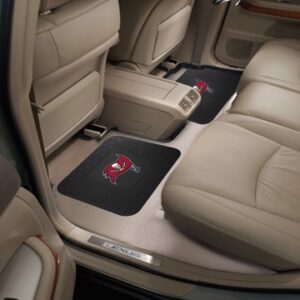 Interior view of a vehicle showing two front seats and rear floor mats with NFL - Tampa Bay Buccaneers 2-piece Utility Mat Set 14"x17" - "Pirate Flag" Logo logos.