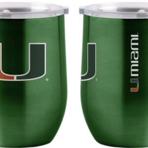 Two Miami Hurricanes Travel Tumblers with University of Miami logos in green and orange on a reflective metallic surface.