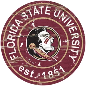 Round, weathered logo of florida state university featuring a seminole indian chief, with the text "florida state university est. 1851" in a circular layout.