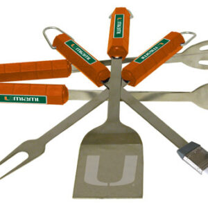 A set of Miami Hurricanes 4 pc BBQ Set tools, including a spatula, fork, tongs, and brush, all with orange handles and the "uniam" brand name.
