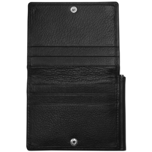 Miami Hurricanes Leather Bill Clip Wallet with multiple card slots, displayed open with visible snap closures.