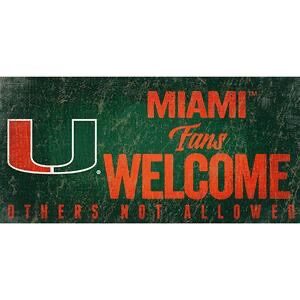Vintage-style sign with the text "miami fans welcome, others not allowed" featuring the university of miami "u" logo in green and orange on a distressed background.