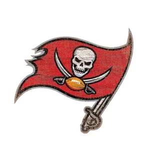 Tampa bay buccaneers logo featuring a skull with crossed swords and a football, set against a torn red flag.