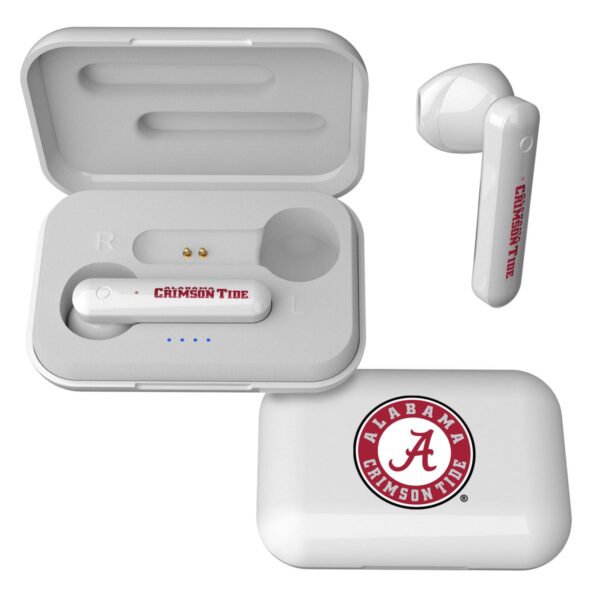 Wireless earbuds with charging case, featuring the Alabama Crimson-Tide SOLID WORDMARK Bluetooth Speaker logo and colors.