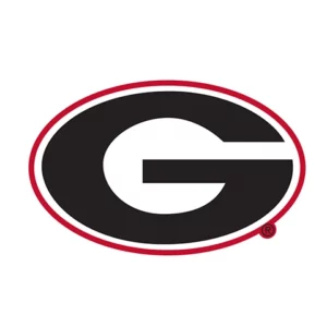 Logo of the university of georgia, featuring a large capital "g" inside an oval outlined in red.