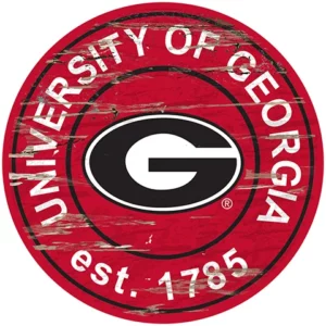 A distressed round logo for the university of georgia featuring a large black "g" in the center with founding year 1785, on a red background.