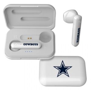 A pair of Dallas Cowboys Stripe wireless over-ear Bluetooth headphones with a matching charging case, branded with the Dallas Cowboys logo.
