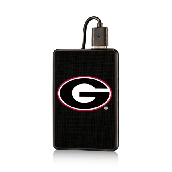A portable external hard drive with a Georgia Bulldogs SOLID 2200MAH CREDIT CARD POWERBANK logo encircled in red, isolated against a white background.
