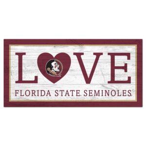 Rectangular Florida State Love 6x12 Sign with a distressed white and burgundy design featuring the word "love" and the florida state seminoles logo inside a heart.