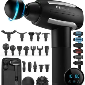 A 30 Speed High-Intensity Vibration Massage Gun by fitpulse displayed with various interchangeable heads and accessories including a digital control screen.