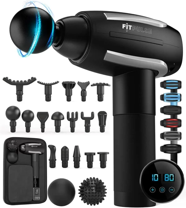 A 30 Speed High-Intensity Vibration Massage Gun by fitpulse displayed with various interchangeable heads and accessories including a digital control screen.