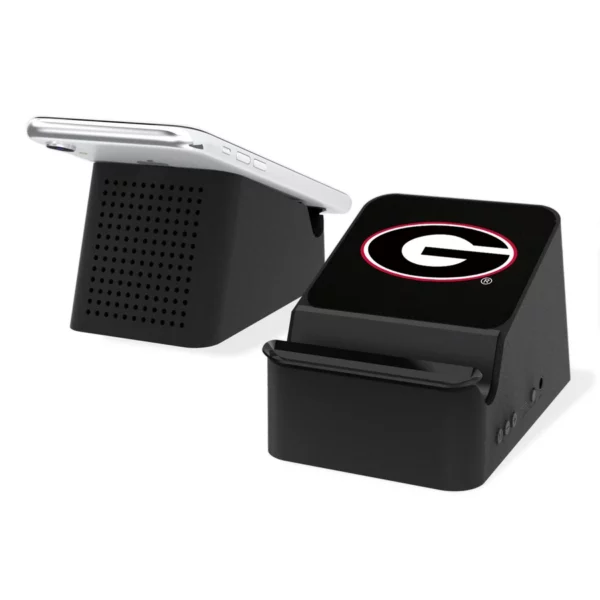 Two black smartphone docking stations with built-in speakers, one featuring a Georgia Bulldogs SOLID WORDMARK BLUETOOTH SPEAKER on top, isolated on a white background.