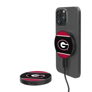 Georgia Bulldogs SOLID WORDMARK BLUETOOTH SPEAKER with attached circular wireless charger featuring a red and black design, displayed next to an identical, unconnected charger on a white background.