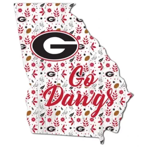 Decorative sign shaped like georgia, featuring university of georgia logo and "go dawgs" text, adorned with floral and football motifs.