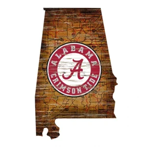 An illustration featuring the shape of alabama with a vintage map background and a central logo of the alabama crimson tide.
