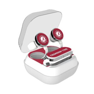 Wireless earbuds with charging case, featuring Alabama Crimson-Tide SOLID WORDMARK Bluetooth Speaker logo and colors.