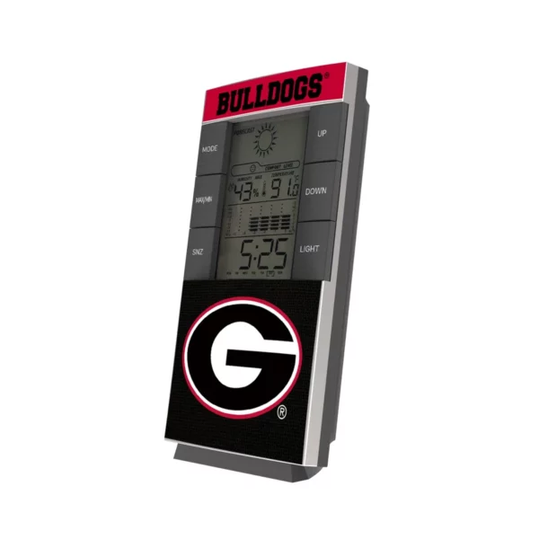 Digital scoreboard showing a sports score with Georgia Bulldogs SOLID WORDMARK BLUETOOTH SPEAKER and a "g" logo on a grey background.