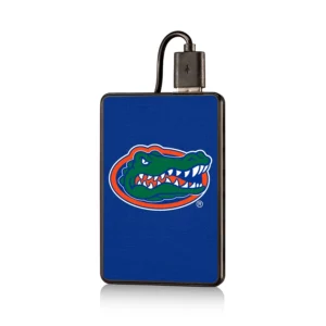 Portable external hard drive with a FLORIDA GATORS SOLID 2200MAH CREDIT CARD POWERBANK logo, isolated on a white background.