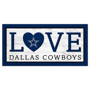 Decorative sign featuring the word "love" with a Dallas Cowboys Love 6x12 Sign logo replacing the "o", set against a rustic white and blue background.
