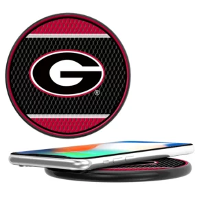 Wireless charging pad with a Georgia Bulldogs SOLID WORDMARK BLUETOOTH SPEAKER logo design, shown both by itself and charging a smartphone.