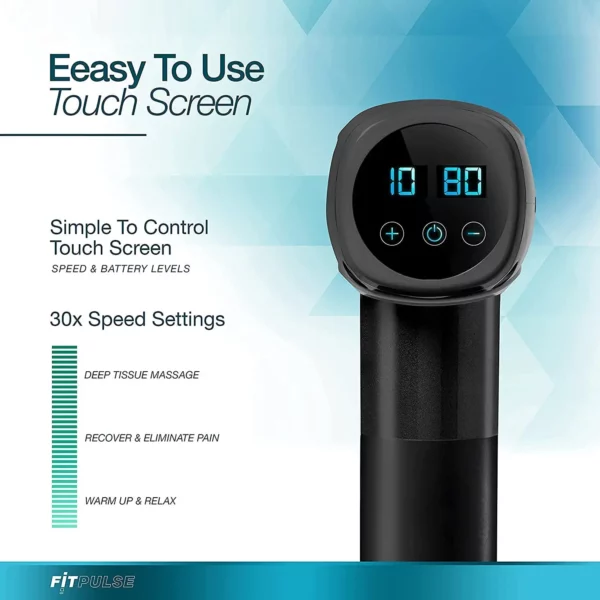 Black handheld 30 Speed High-Intensity Vibration Massage Gun with a digital screen displaying the speed level 10 and battery level, surrounded by promotional text highlights on its features.