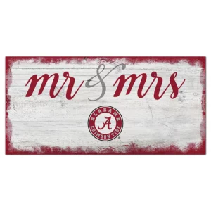Rectangular sign with "mr & mrs" in cursive script on a distressed white and red background, featuring the university of alabama logo at the bottom center.