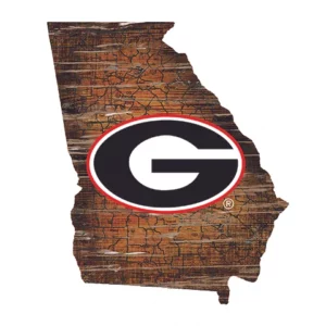 Graphic of georgia state outline with a distressed wood background and a large university of georgia logo in the center.