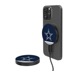 A DALLAS COWBOYS STRIPE WIRELESS OVER-EAR BLUETOOTH HEADPHONES with a dallas cowboys logo on a magnetic wireless charger, which is connected to another charging base.