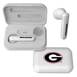 White wireless earbuds with a charging case, featuring the Georgia Bulldogs "g" logo and the text "bulldogs.