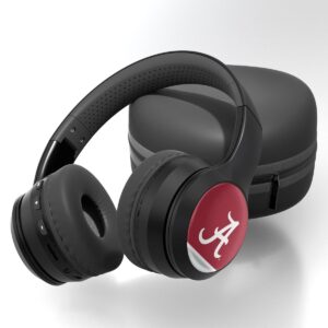 Alabama Crimson-Tide SOLID WORDMARK BLUETOOTH SPEAKER with a red logo on one ear cup, accompanied by a matching black carrying case.