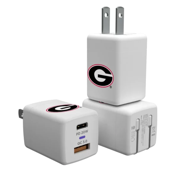 Two white Georgia Bulldogs SOLID WORDMARK BLUETOOTH SPEAKER with quick charge capabilities, one larger with a folding plug and one smaller, both displaying a red and black logo.