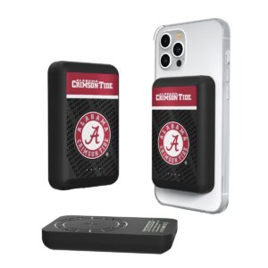 Sentence using the product name: Smartphone with a transparent case and an Alabama Crimson-Tide SOLID WORDMARK BLUETOOTH SPEAKER displayed in multiple angles.