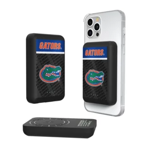 Three views of a FLORIDA GATORS ENDZONE PLUS 5000MAH MAGNETIC WIRELESS CHARGER featuring a university of florida gators logo with a black background and a wireless charging pad.