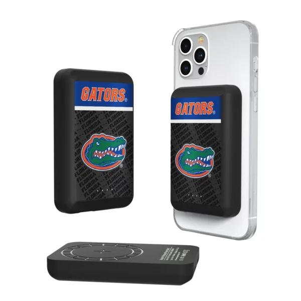 Three views of a FLORIDA GATORS ENDZONE PLUS 5000MAH MAGNETIC WIRELESS CHARGER featuring a university of florida gators logo with a black background and a wireless charging pad.
