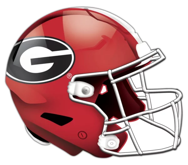 A red university of georgia football helmet with a white 'g' logo on the side, shown against a white background.
