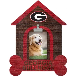 A decorative georgia bulldogs-themed doghouse-shaped frame featuring a photo of a smiling golden retriever.