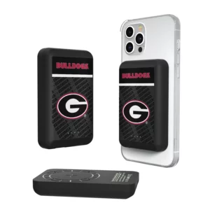 Three views of a Georgia Bulldogs SOLID WORDMARK BLUETOOTH SPEAKER with a transparent case on one side and a "bulldogs" branded black protective case with a red "g" logo on the other two sides.
