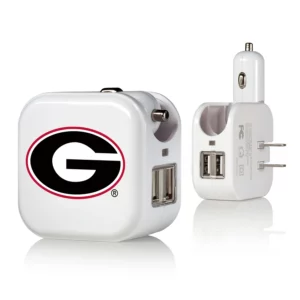 Two Georgia Bulldogs SOLID WORDMARK BLUETOOTH SPEAKERS with dual ports, featuring a red and black 'g' logo, one with european plug and the other with us plug, isolated on a white background.