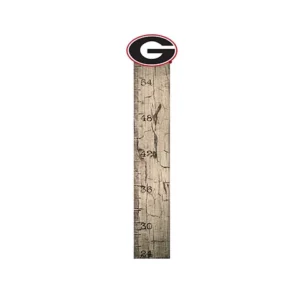 Wooden growth chart with measurement markings in inches, topped with a circular black and red logo featuring the letter "g.
