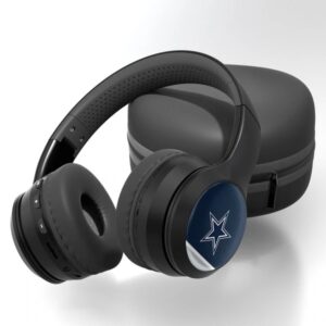 Dallas Cowboys Stripe Wireless Over-Ear Bluetooth Headphones with a blue star emblem on the side, set against a light gray background.