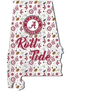 Decorative map of alabama featuring the university of alabama crimson tide logo with "roll tide" text and football-themed graphics.
