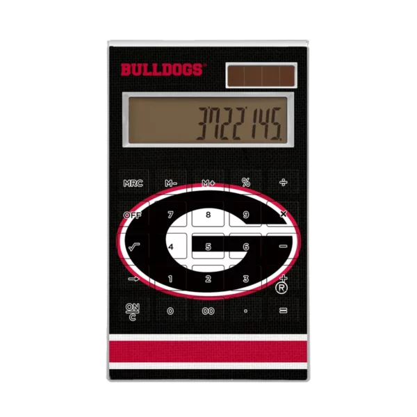 A Georgia Bulldogs SOLID WORDMARK BLUETOOTH SPEAKER with a solar panel, a black and pink design, and prominently displayed digits "327.05" on its screen.