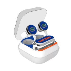 FLORIDA GATORS STRIPE WIRELESS EARBUDS with the university of florida gators logo, displayed in an open white case with a transparent lid.