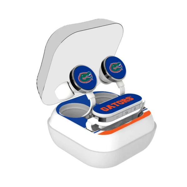 FLORIDA GATORS STRIPE WIRELESS EARBUDS with the university of florida gators logo, displayed in an open white case with a transparent lid.